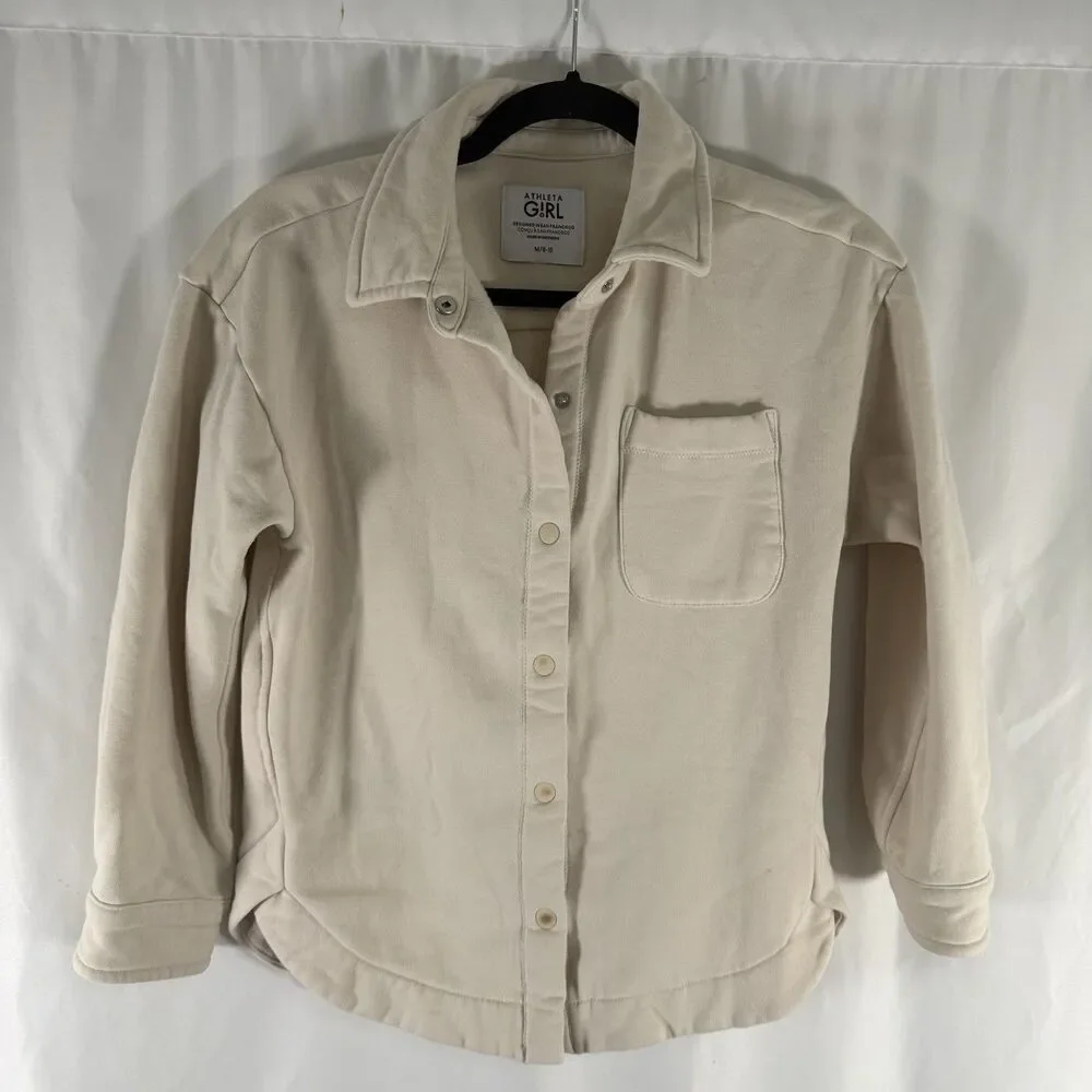 Athleta Girl Jacket Girls M 8-10 White Snap Front Pocket Fleece Lined Cotton Bl